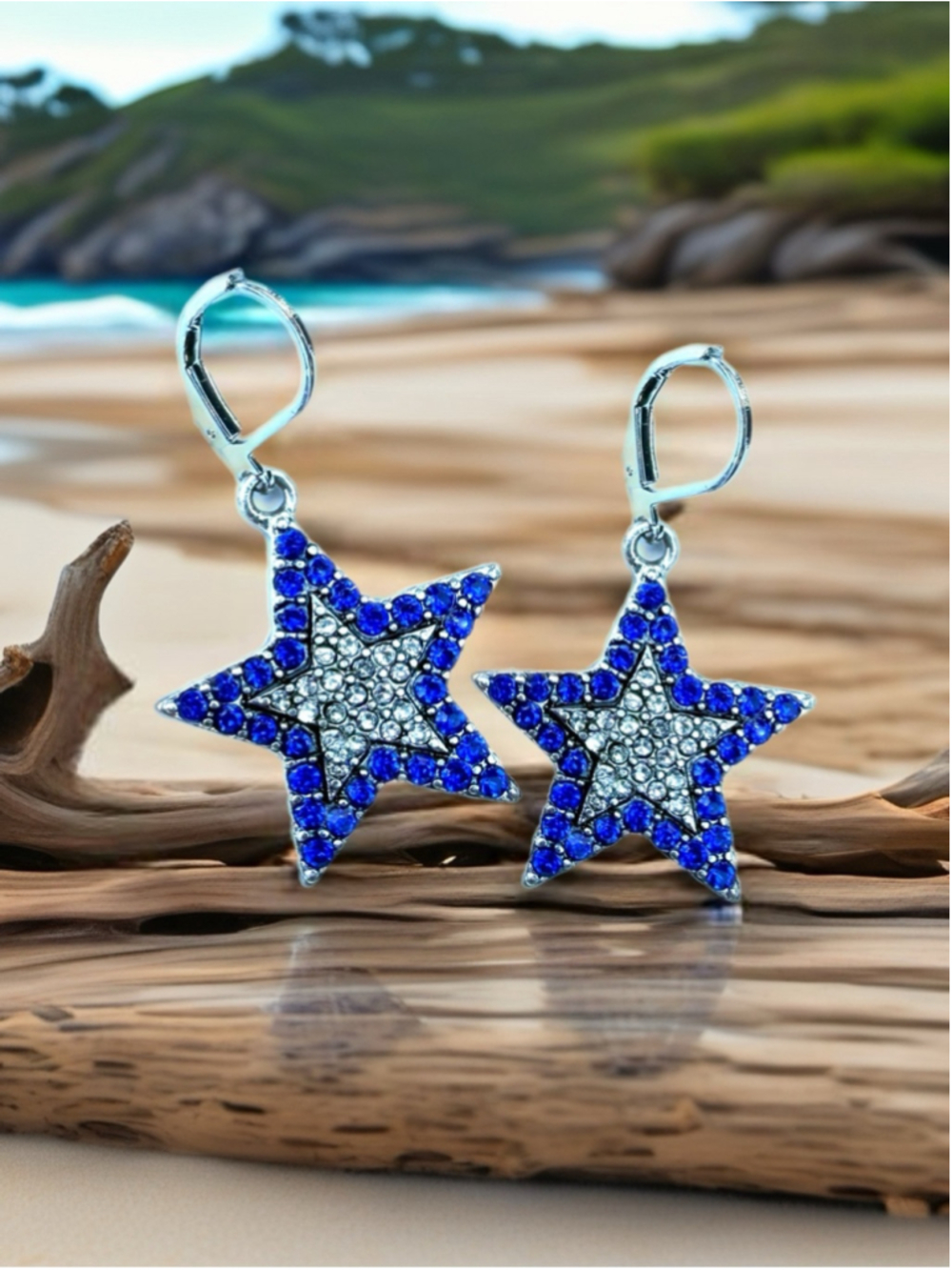 Blue and Silver Crystal Star Dangle Earrings – Patriotic Summer Sparkle
